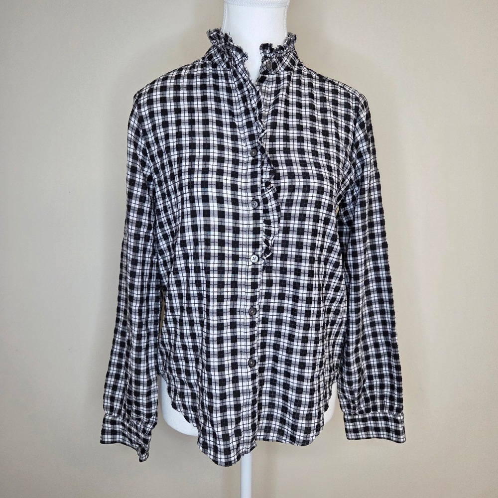 LOFT Outlet Black White Gingham Plaid Ruffle Collar Button Down Shirt Womens SML